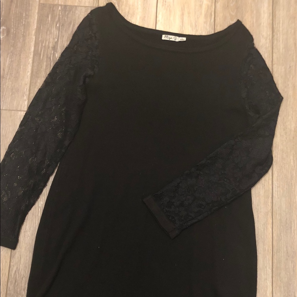Black Cotton Dress with Lace Sleeves